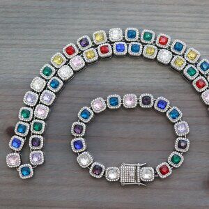 12.5mm Multicolor Square Halo Diamond Chain Rhinestones Silver Plated N+ B Set